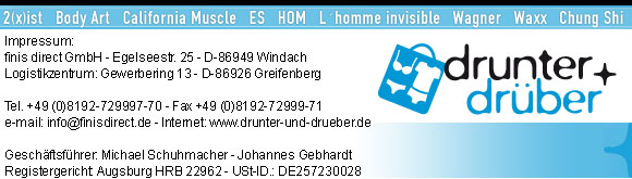 Impressum drunter & dr�ber: finis direct GmbH, Gewerbering 13, 86926 Greifenberg, Gesch�ftsf�hrer Johannes Gebhardt und Michael Schuhmacher, Registergericht Augsburg HRB 22962, USt.-ID DE257230028, Tel. +49 8192 7299970 Fax 7299971