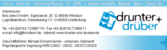 Impressum drunter & dr�ber: finis direct GmbH, Gewerbering 13, 86926 Greifenberg, Gesch�ftsf�hrer Johannes Gebhardt und Michael Schuhmacher, Registergericht Augsburg HRB 22962, USt.-ID DE257230028, Tel. +49 8192 7299970 Fax 7299971